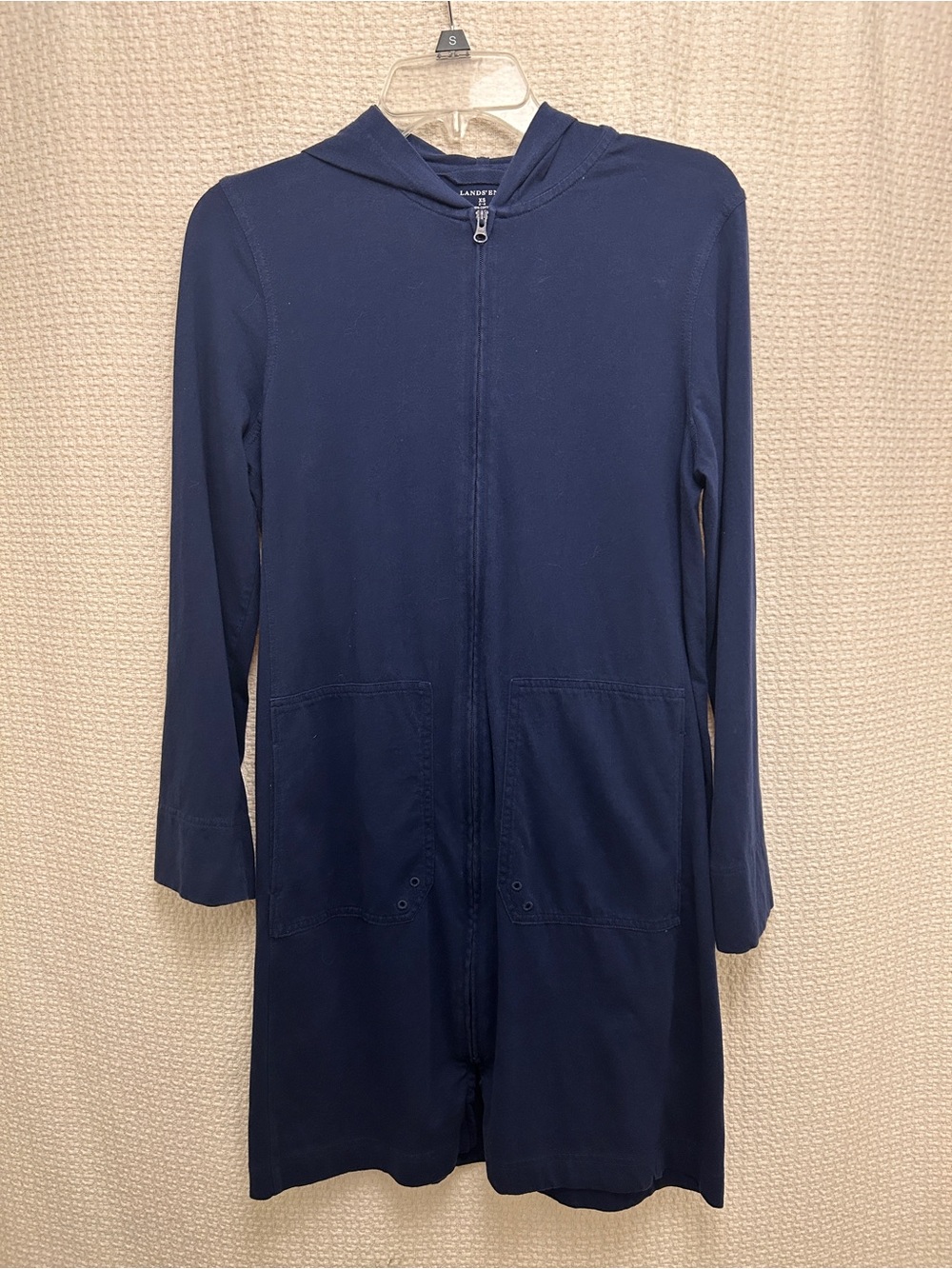 Lands' End Navy Hooded Zip-Front Long Cardigan